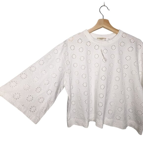 NEW Madewell Women's Embroidered Wide Sleeve Boxy Tee Med Eyelet White NWT - Picture 2 of 5